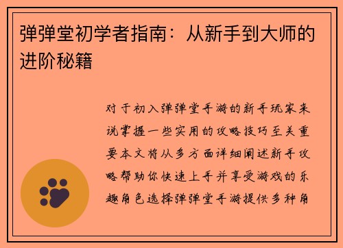 弹弹堂初学者指南：从新手到大师的进阶秘籍