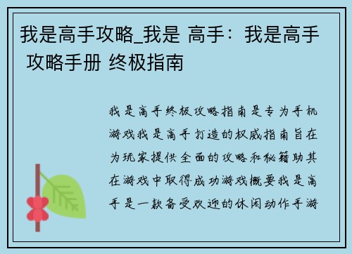 我是高手攻略_我是 高手：我是高手 攻略手册 终极指南