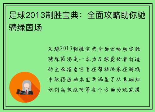 足球2013制胜宝典：全面攻略助你驰骋绿茵场