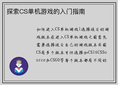 探索CS单机游戏的入门指南